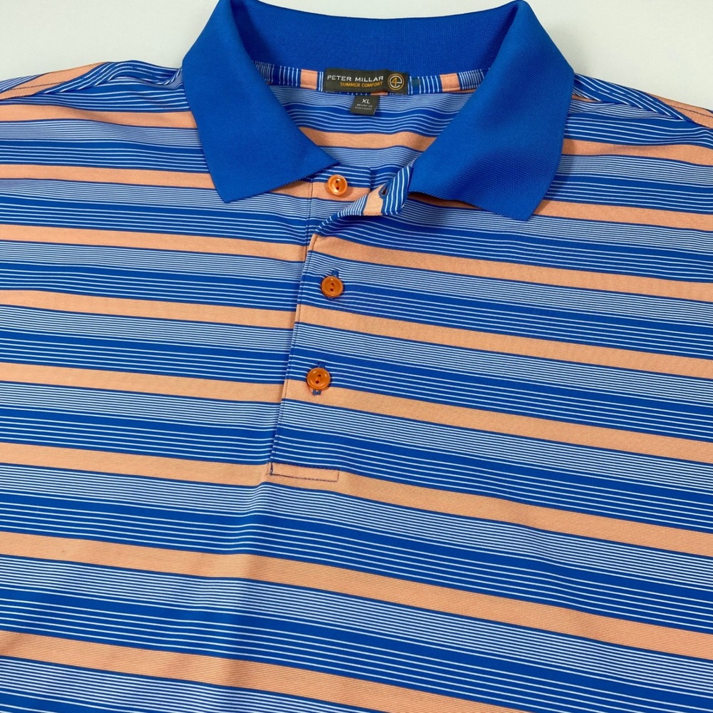 Peter Millar Summer Comfort Mens XL Blue Orange Stripe Golf Polo‎ Shirt FLAW